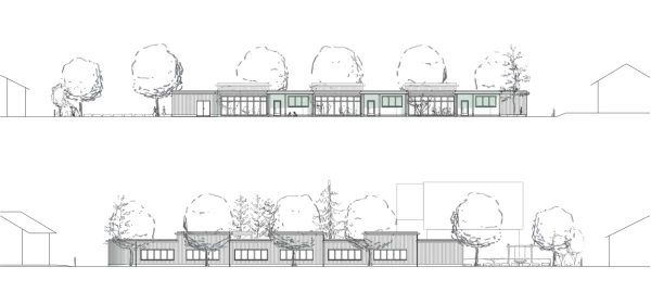 Ansicht Klassentrakt seitens Spielstrasse (oben) und Pausenplatz (unten)